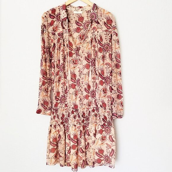 Ba&sh Yanis Mini Dress in Nude Red Paisley Smocked Drop Waist Floral L Sz 3 $320 - Picture 6 of 16